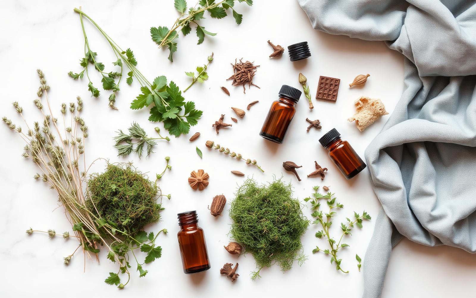 Fresh herbs, sea moss, and botanical oils from Yorrick Arthur's natural line